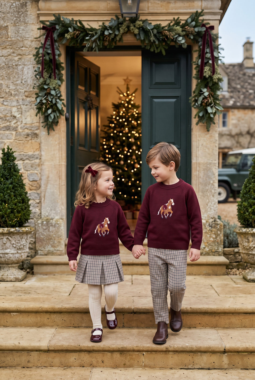 PREORDER "Henry" Burgundy Horse Jumper &amp; Houndstooth Trousers