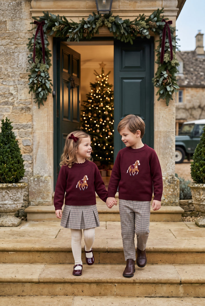 PREORDER "Henry" Burgundy Horse Jumper &amp; Houndstooth Trousers