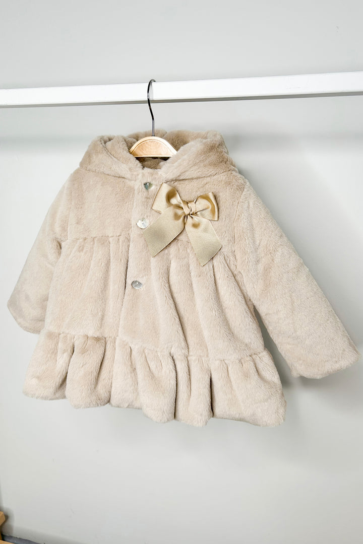 Stone Faux Fur Hooded Coat