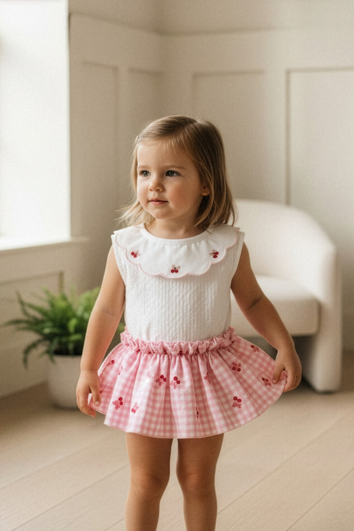 "Betsy" Pink Gingham Cherry Blouse & Skort