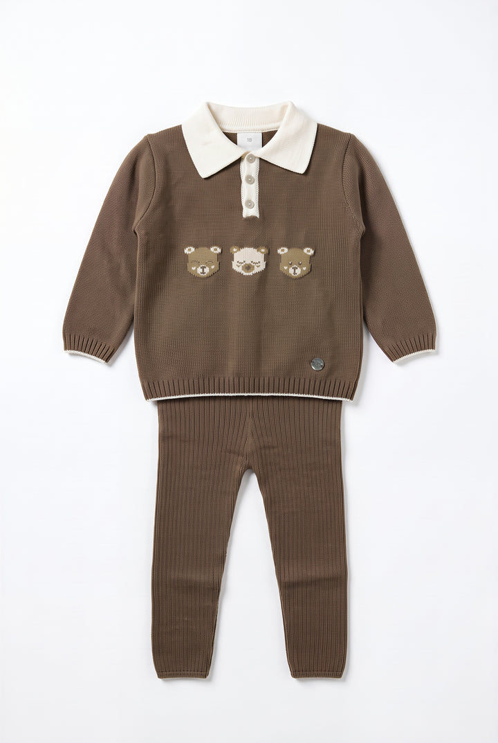 "Alistair" Chocolate Brown Teddy Bear Knitted Polo Shirt &amp; Leggings