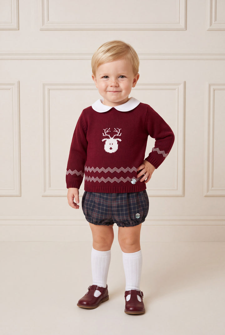 "Caspar" Burgundy Reindeer Knitted Top &amp; Tartan Jam Pants