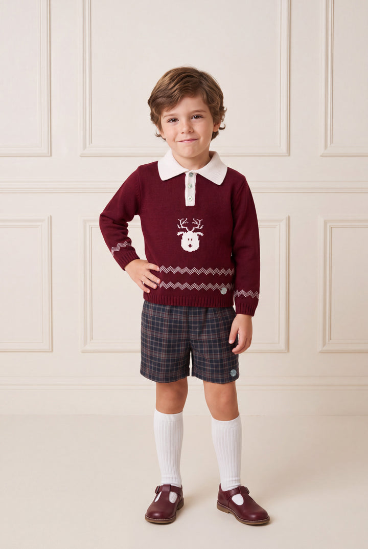 "Nicholas" Burgundy Reindeer Knitted Polo Shirt &amp; Tartan Shorts