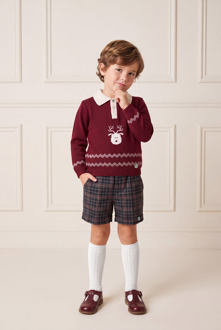 "Nicholas" Burgundy Reindeer Knitted Polo Shirt &amp; Tartan Shorts