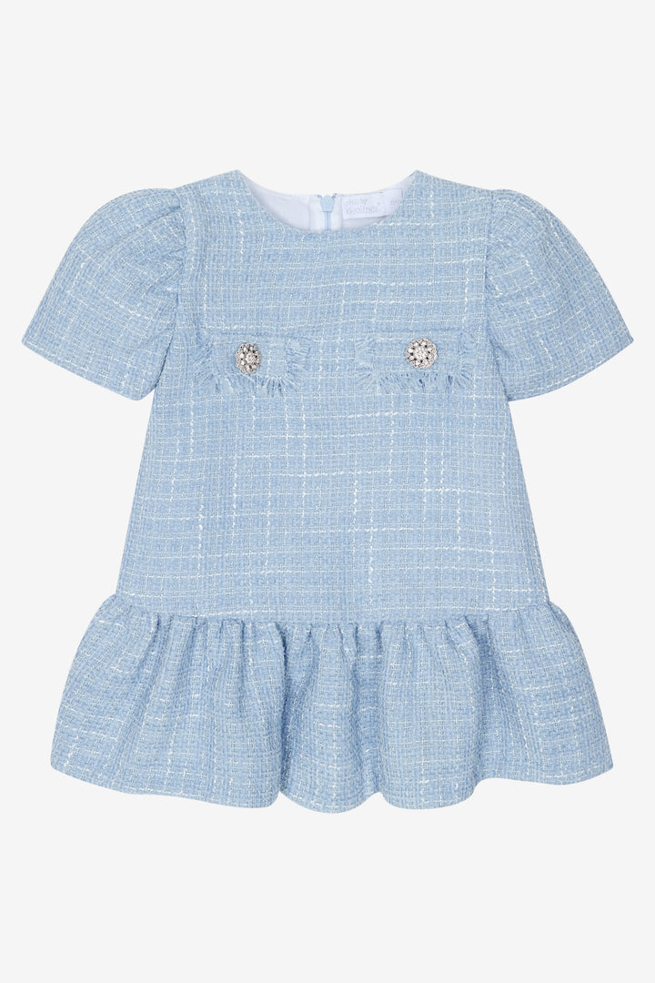 PREORDER "Margaux" Blue Shimmer Tweed Diamanté Button Dress