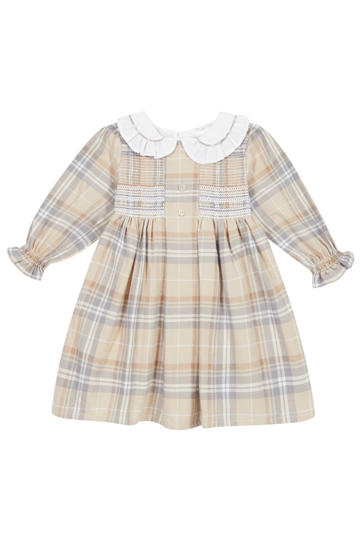 "Ethel" Beige Tartan Smocked Dress