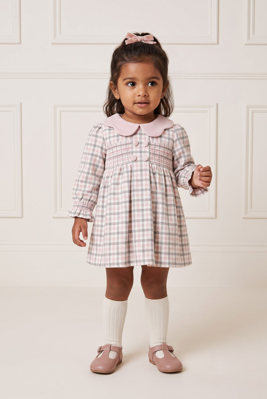 "Anaya" Grey &amp; Pink Check Dress &amp; Bloomers