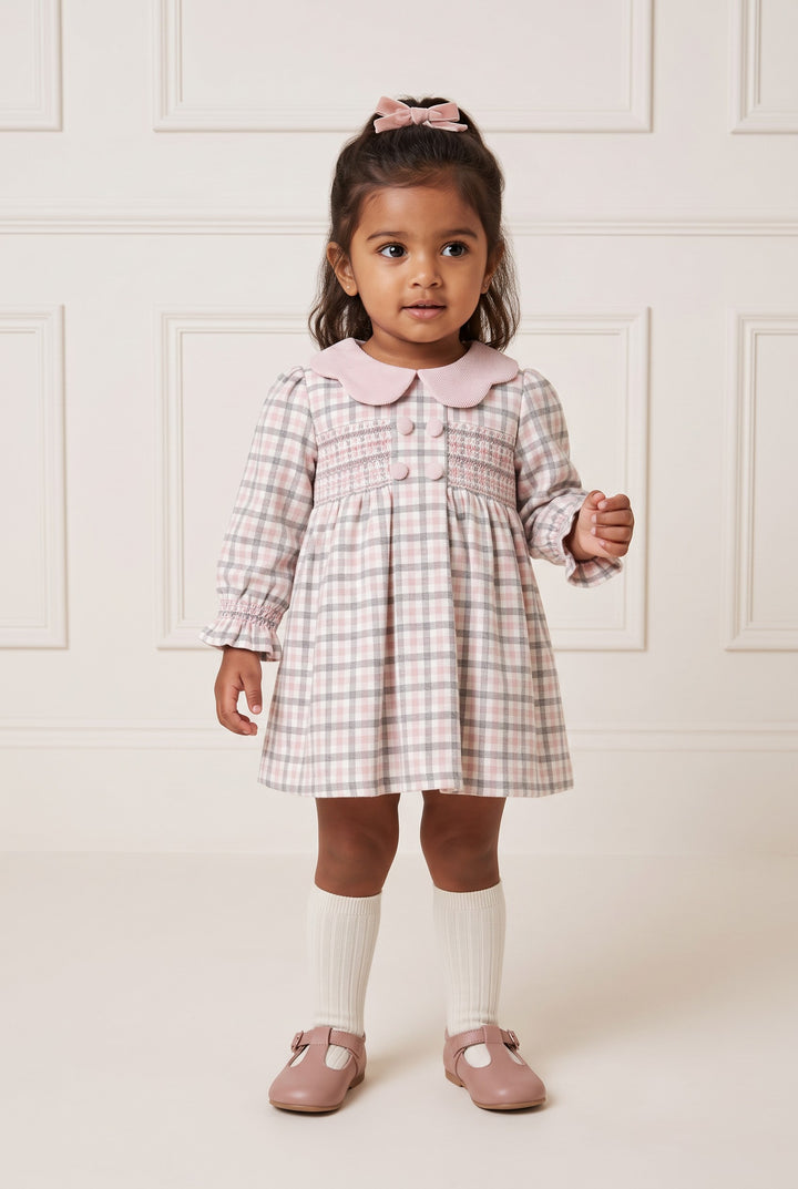 "Anaya" Grey &amp; Pink Check Dress &amp; Bloomers