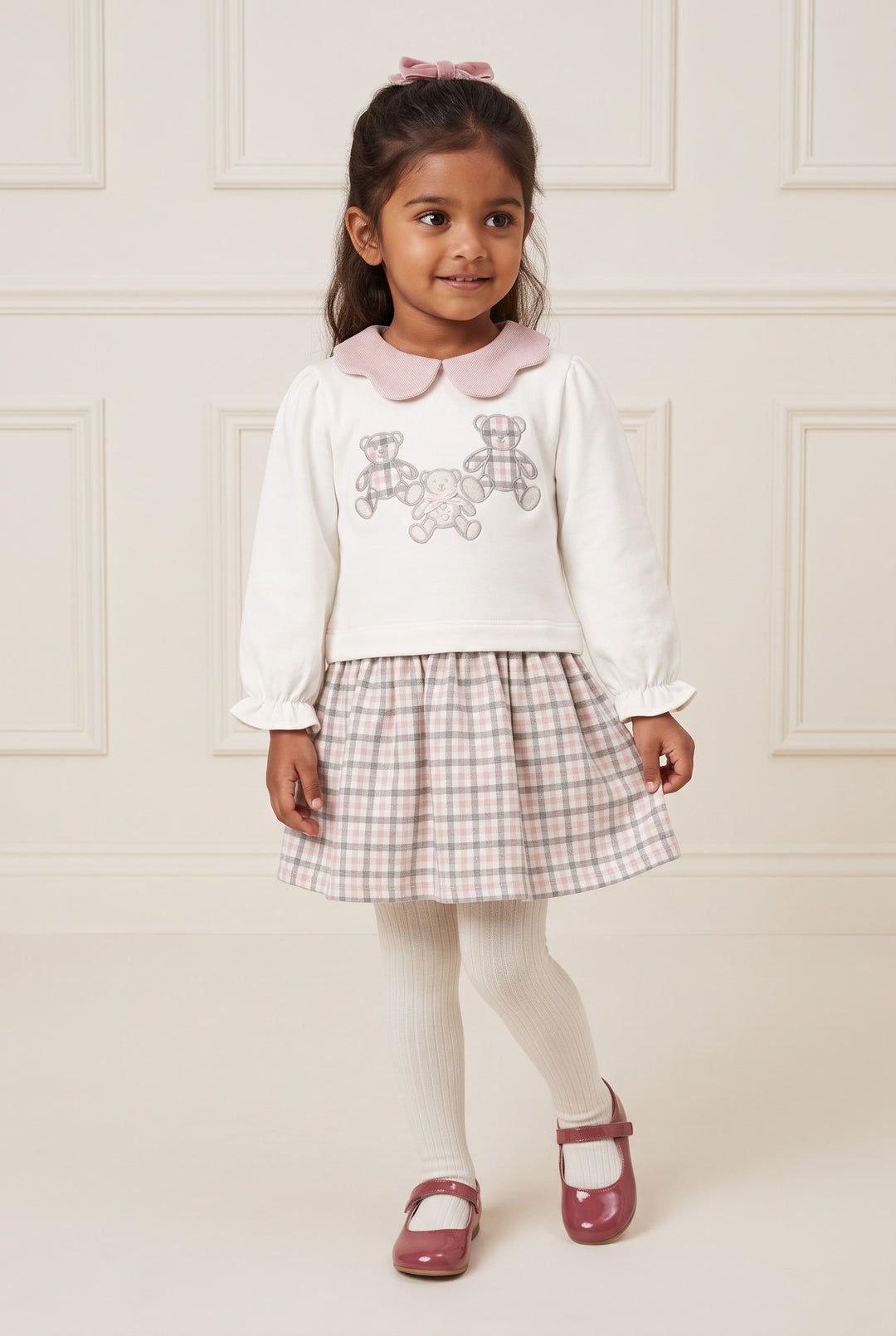 "Ivy" Ivory &amp; Pink Check Bear Dress