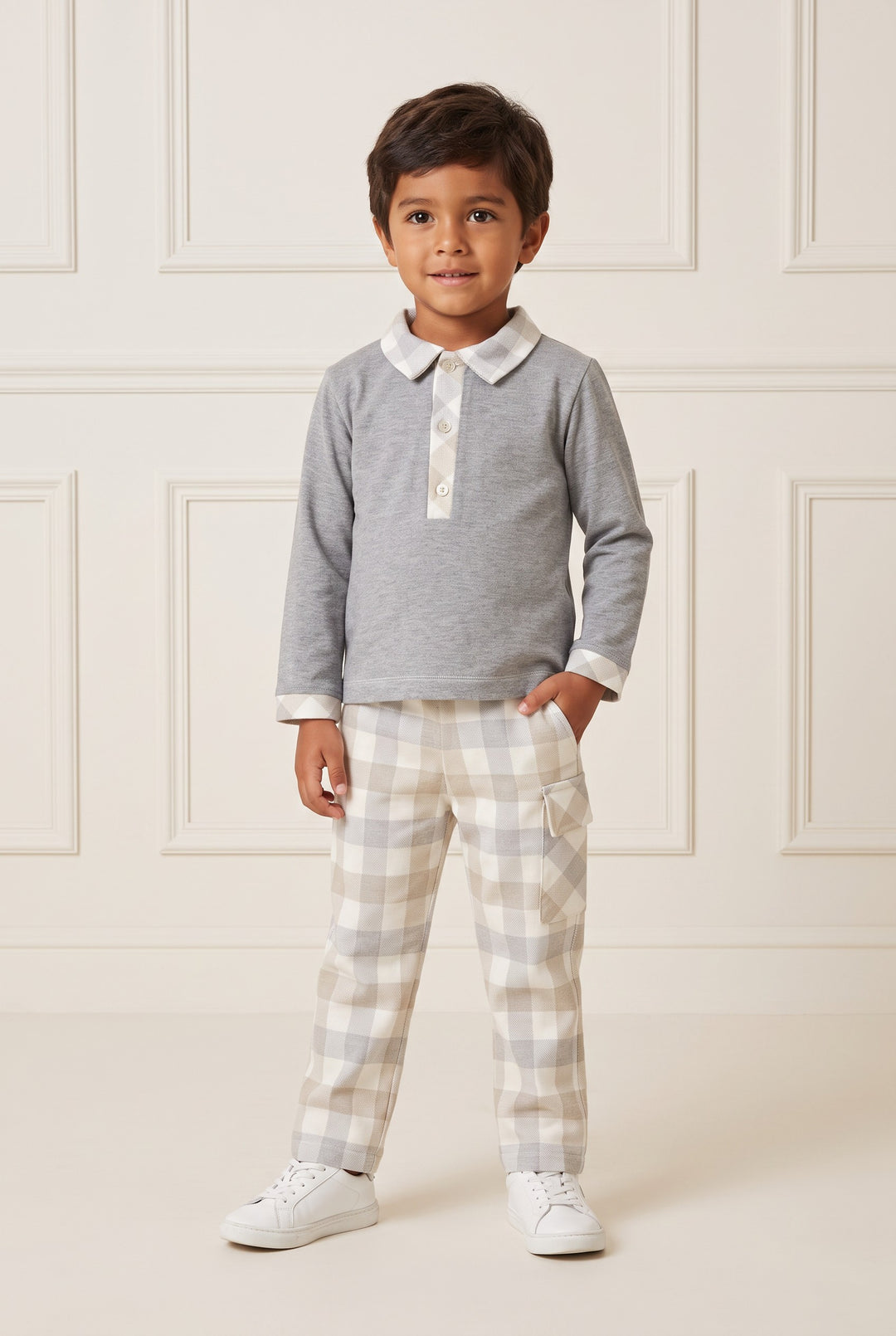 "Oliver" Grey &amp; Beige Check Polo Shirt &amp; Trousers