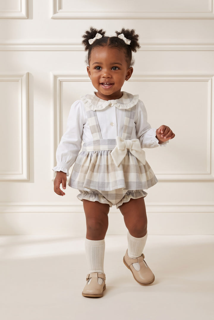 "Isabella" Grey &amp; Beige Check Blouse &amp; Bloomers