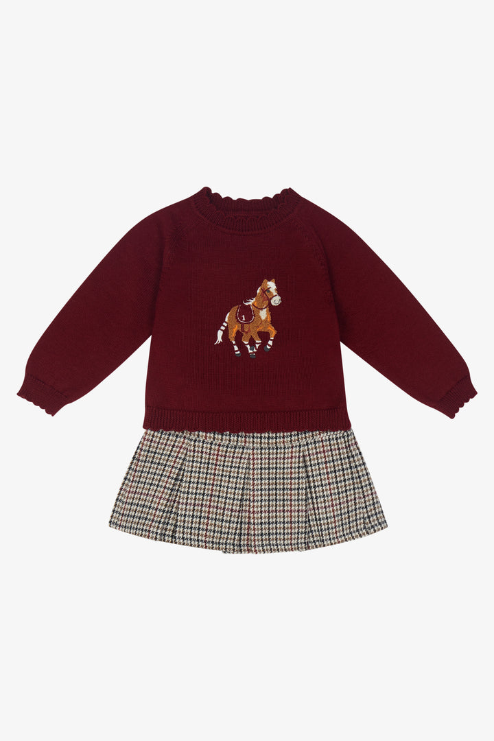PREORDER "Mabel" Burgundy Horse Jumper &amp; Houndstooth Skirt