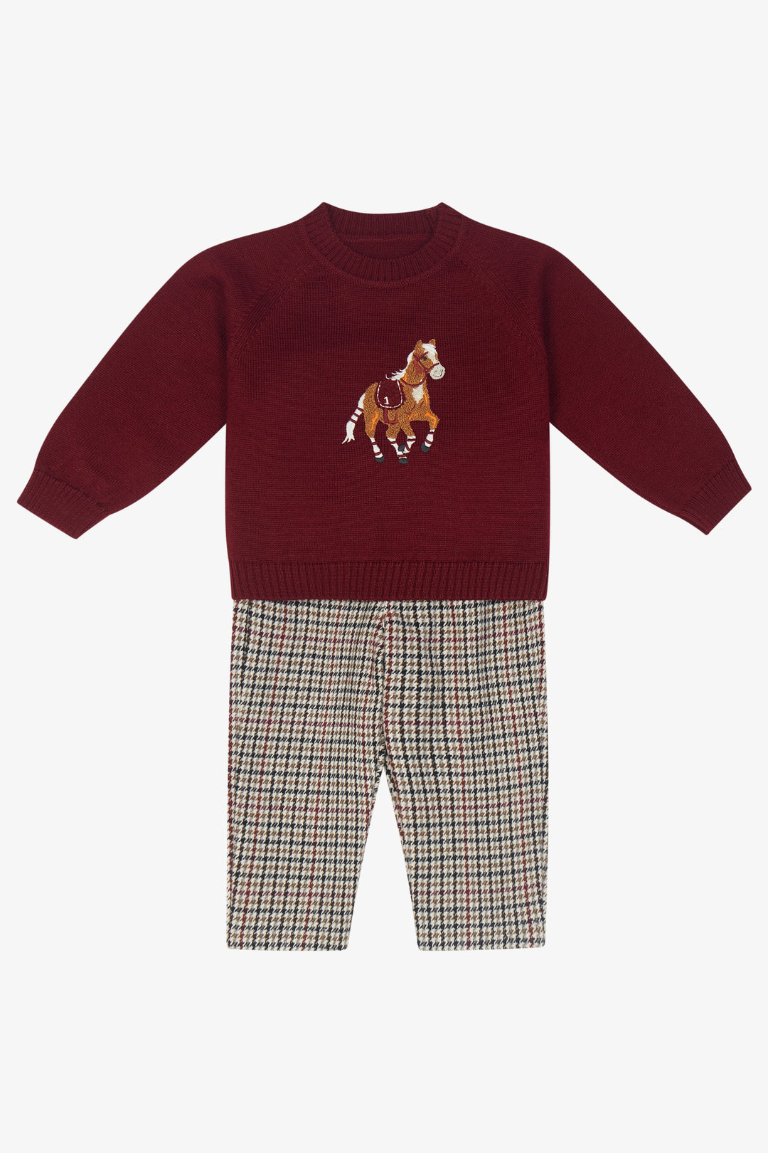 PREORDER "Henry" Burgundy Horse Jumper &amp; Houndstooth Trousers