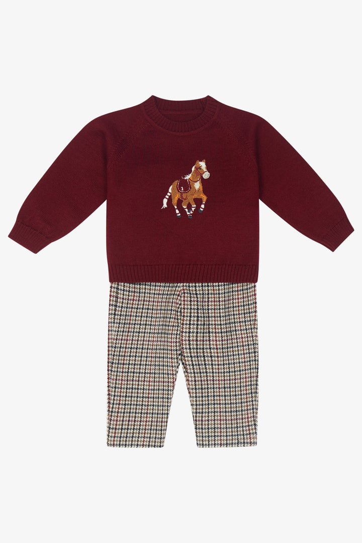 PREORDER "Henry" Burgundy Horse Jumper &amp; Houndstooth Trousers