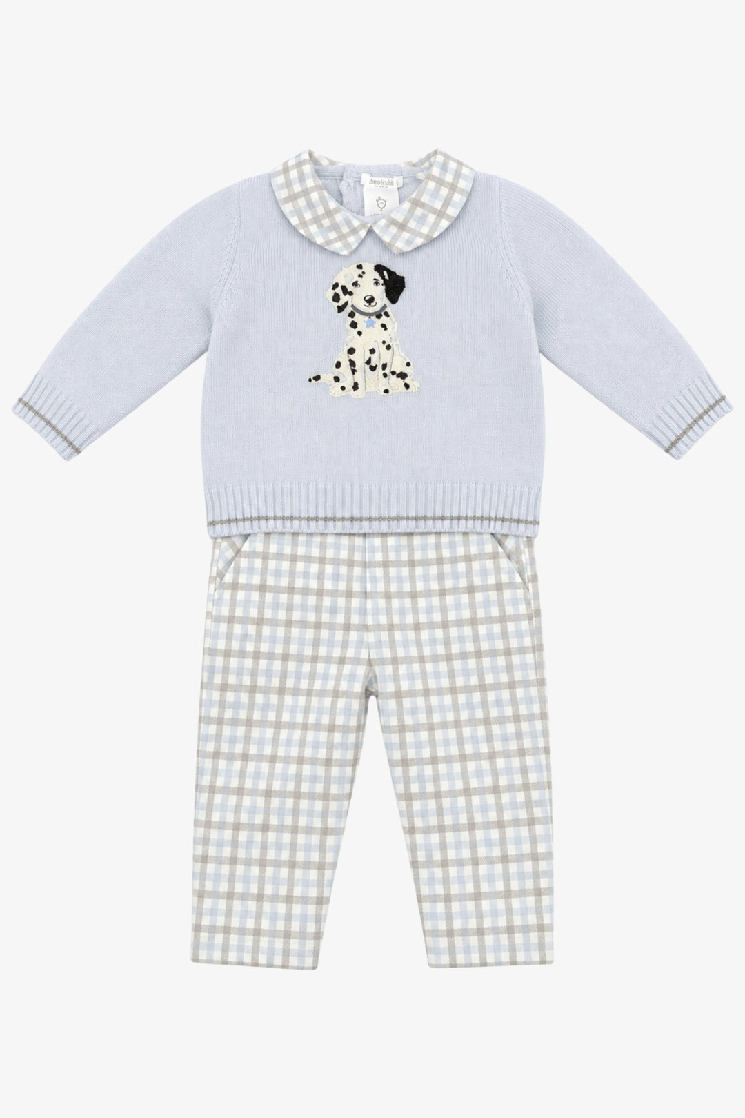 "Arthur" Blue &amp; Grey Check Dalmatian Jumper &amp; Trousers