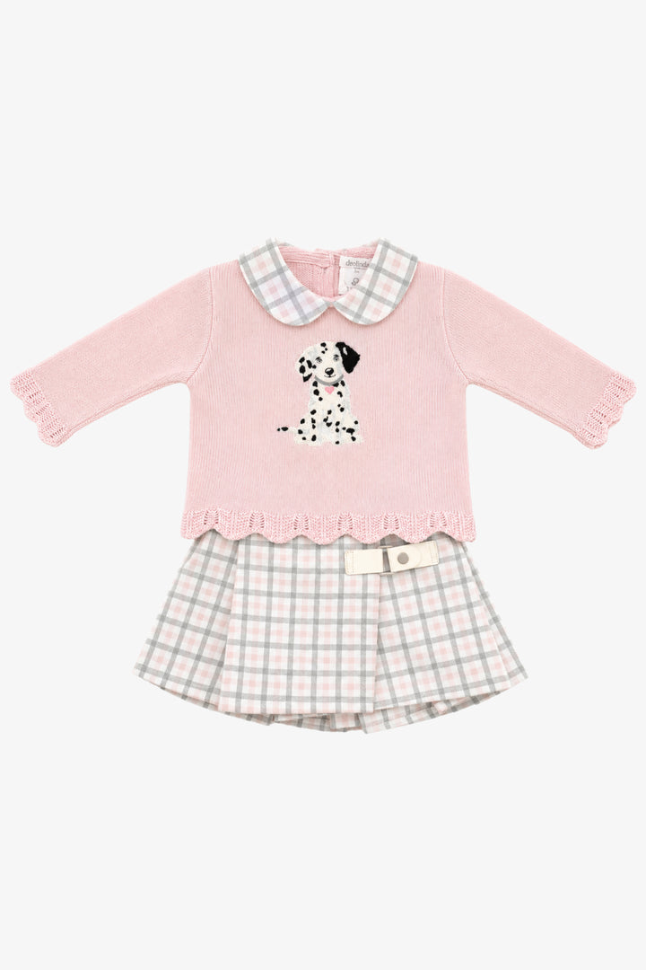 "Grace" Pink &amp; Grey Check Dalmatian Jumper &amp; Skirt