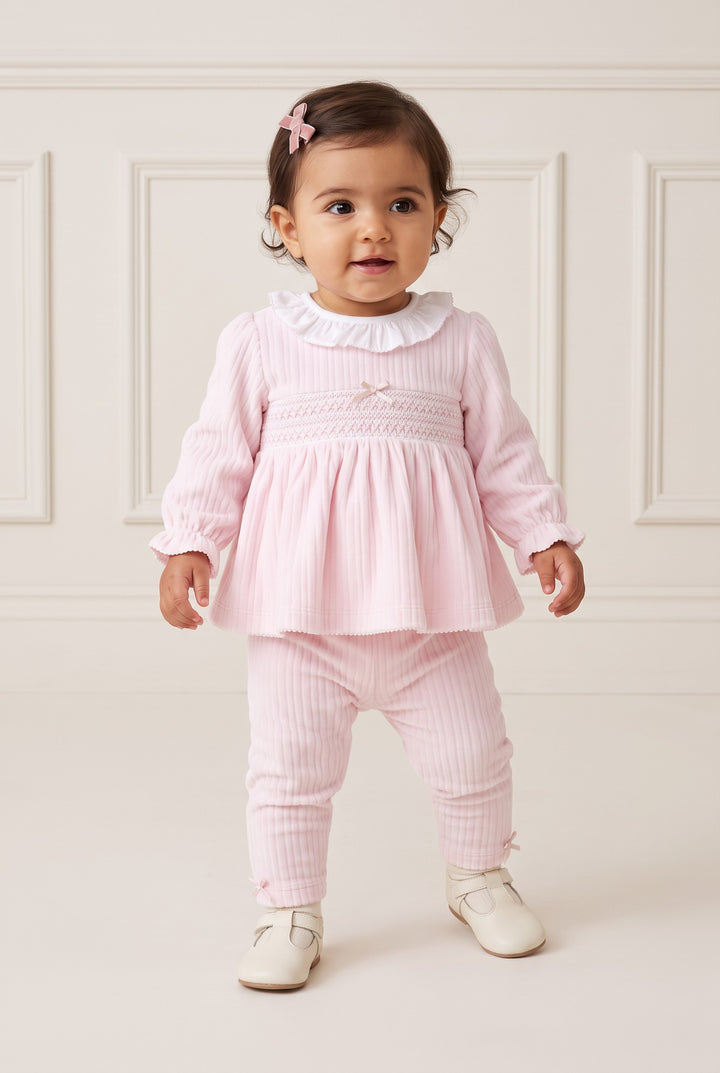 "Olivia" Pink Smocked Velour Top &amp; Leggings