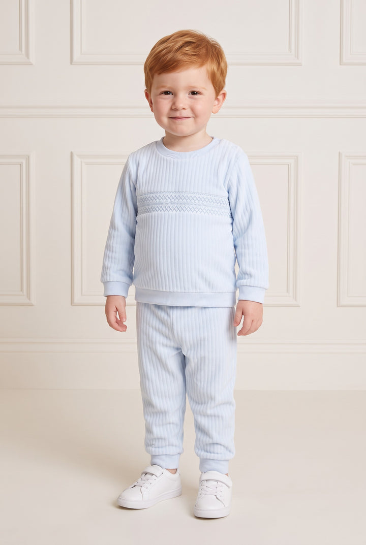 PREORDER "Leo" Blue Velour Smocked Top &amp; Trousers