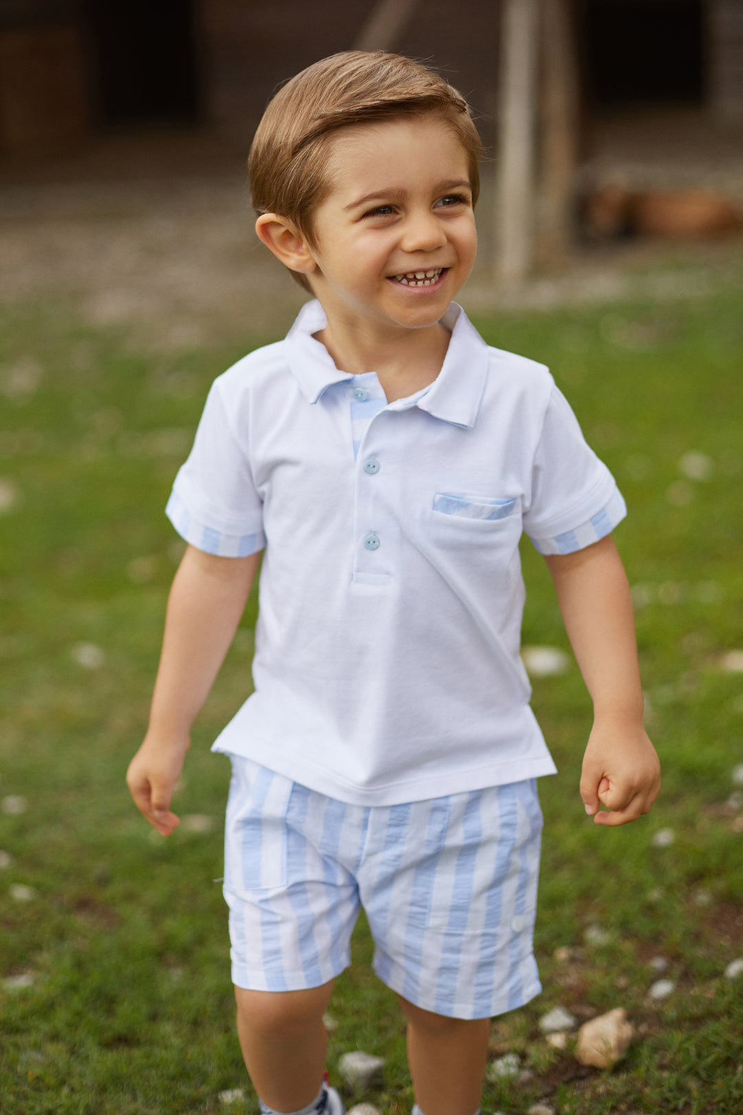 Deolinda "Ethan" Blue Striped Polo Shirt & Shorts | Millie and John
