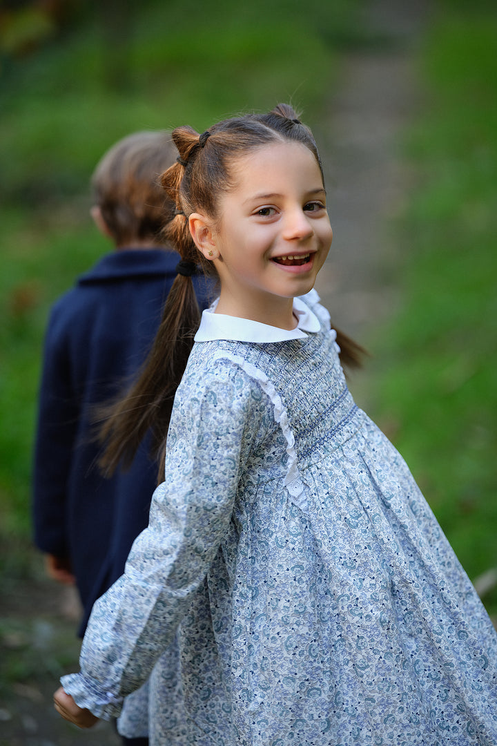 "Evangeline" Dusky Blue Floral Smocked Dress