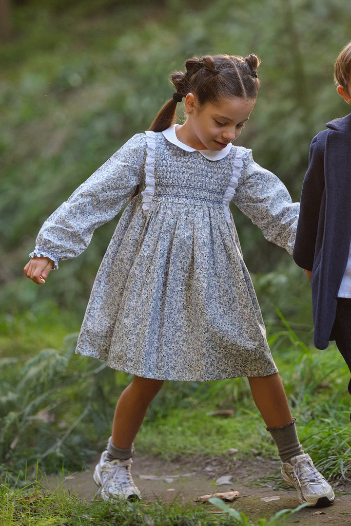 "Evangeline" Dusky Blue Floral Smocked Dress