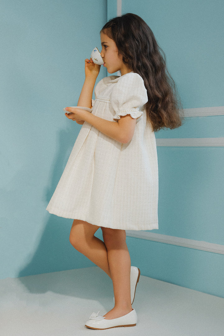 "Clarisse" Cream Shimmer Tweed Pearl Trim Dress