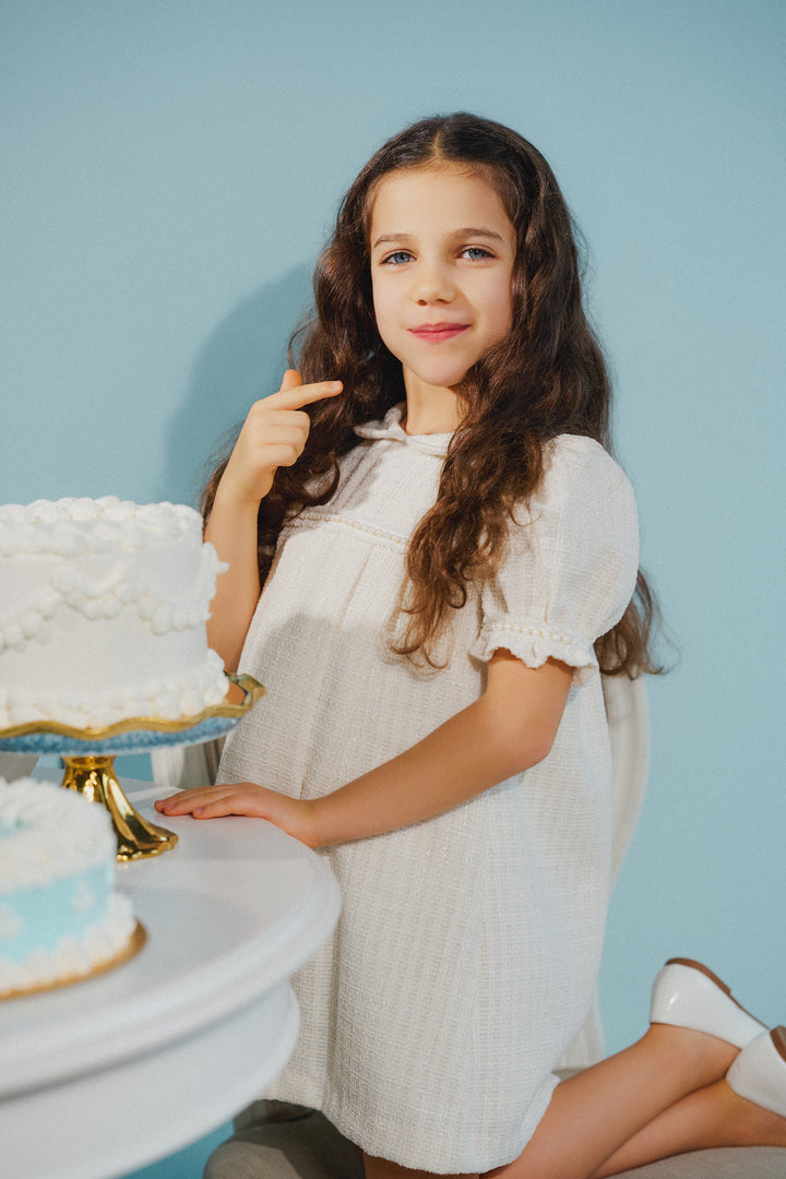 "Clarisse" Cream Shimmer Tweed Pearl Trim Dress