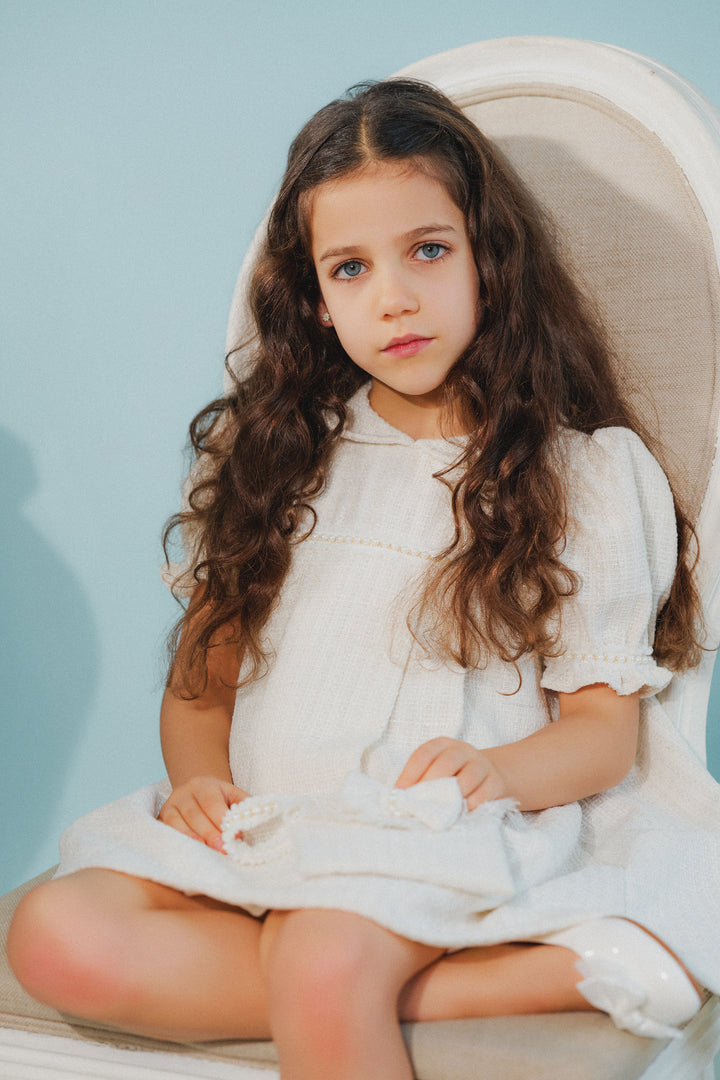 "Clarisse" Cream Shimmer Tweed Pearl Trim Dress