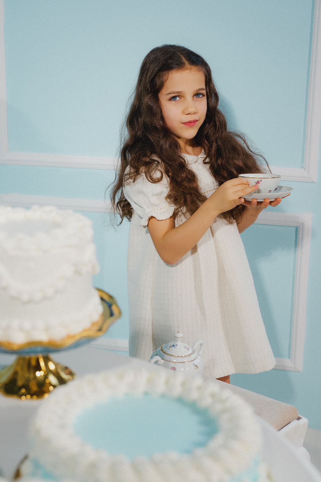 "Clarisse" Cream Shimmer Tweed Pearl Trim Dress