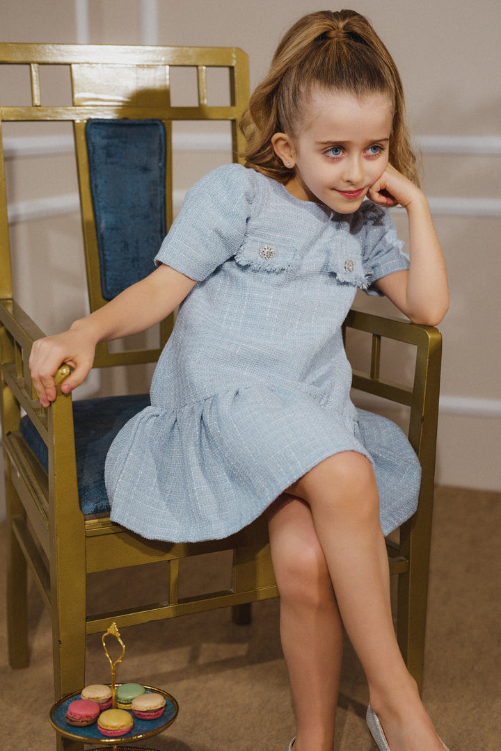 PREORDER "Margaux" Blue Shimmer Tweed Diamanté Button Dress