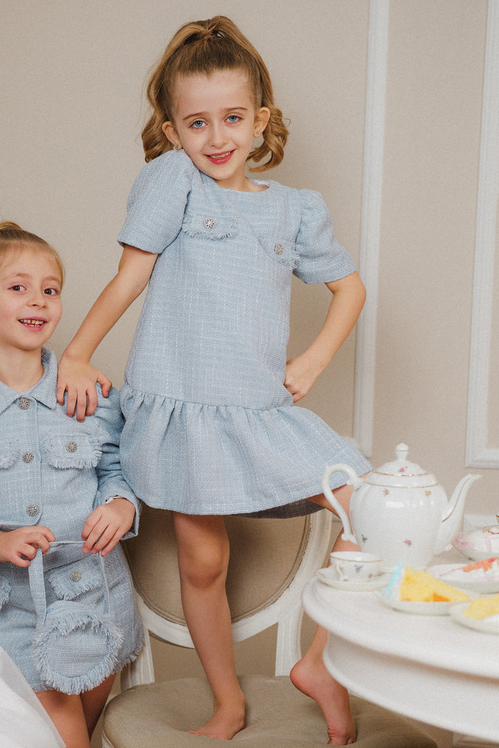 PREORDER "Margaux" Blue Shimmer Tweed Diamanté Button Dress