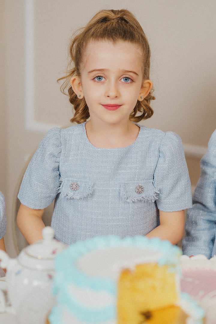 PREORDER "Margaux" Blue Shimmer Tweed Diamanté Button Dress