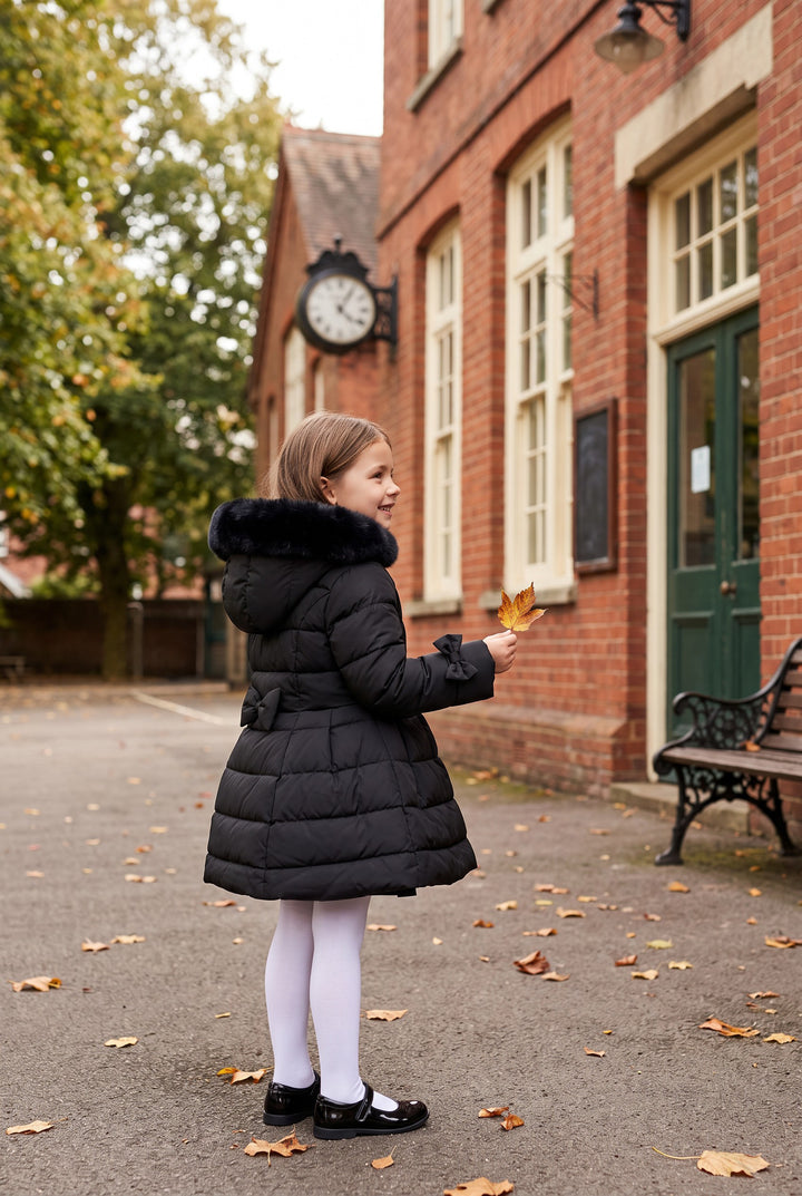 "Clara" Black Bow Puffer School Coat
