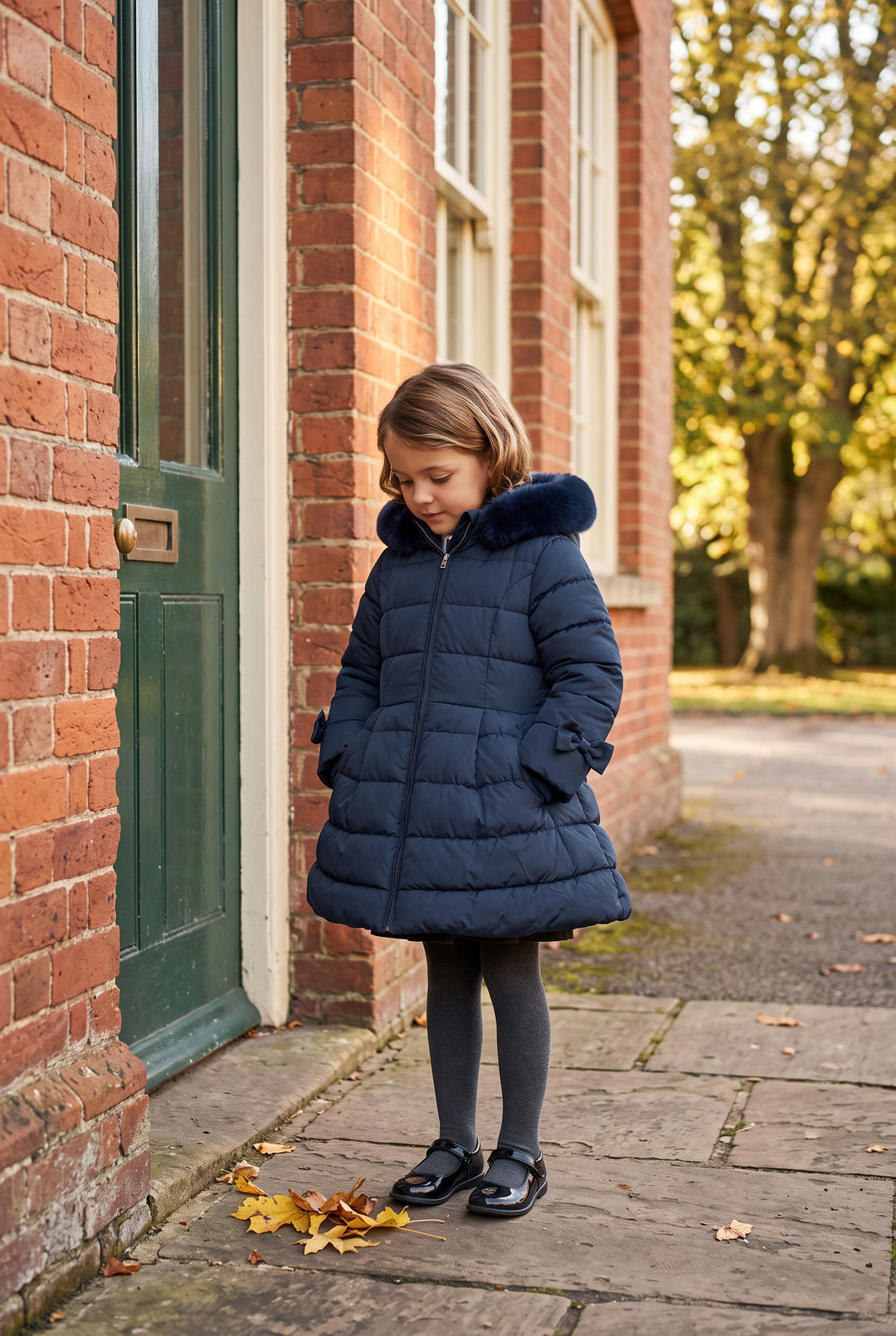 "Clara" Navy Bow Puffer School Coat