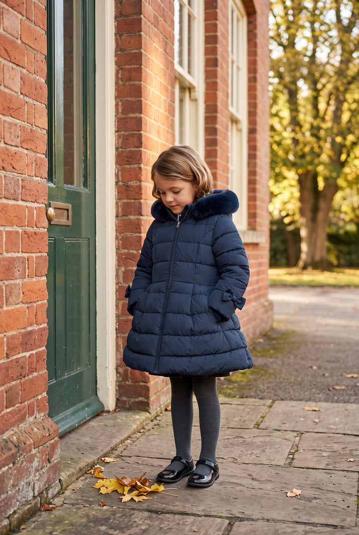 "Clara" Navy Bow Puffer School Coat