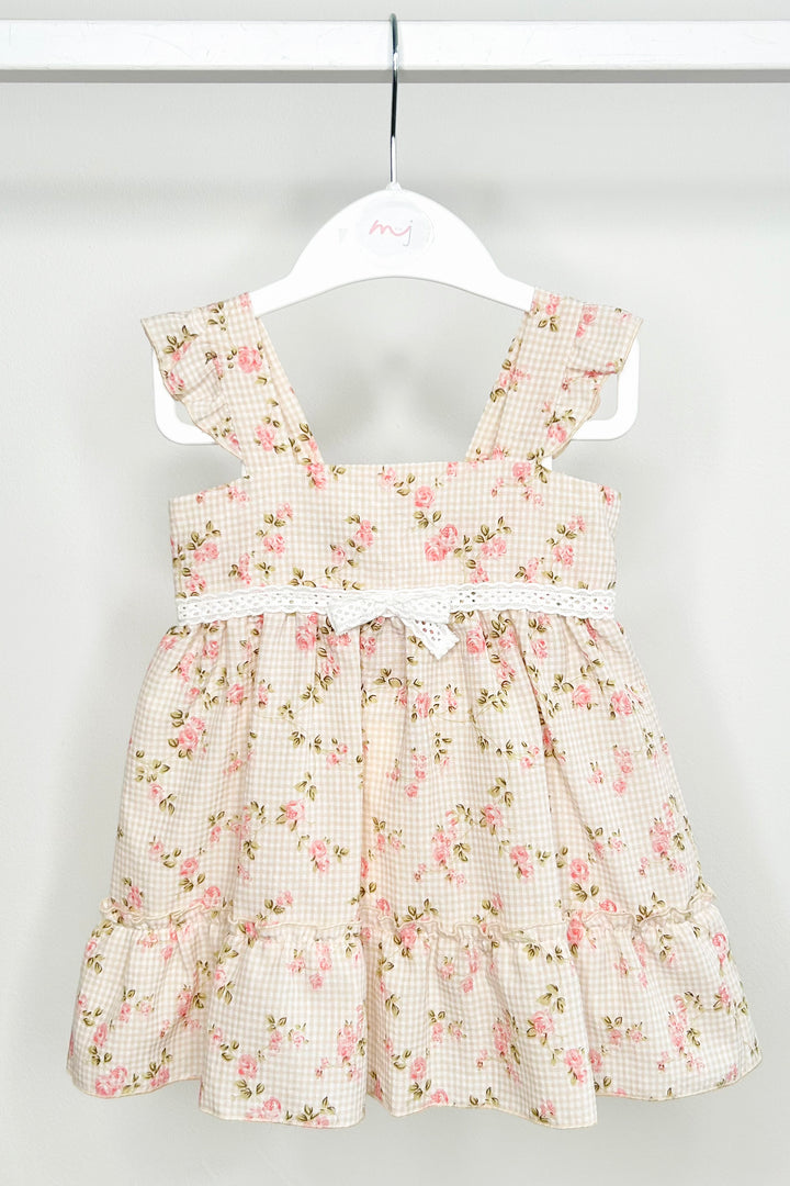 "Diana" Beige Gingham Floral Dress