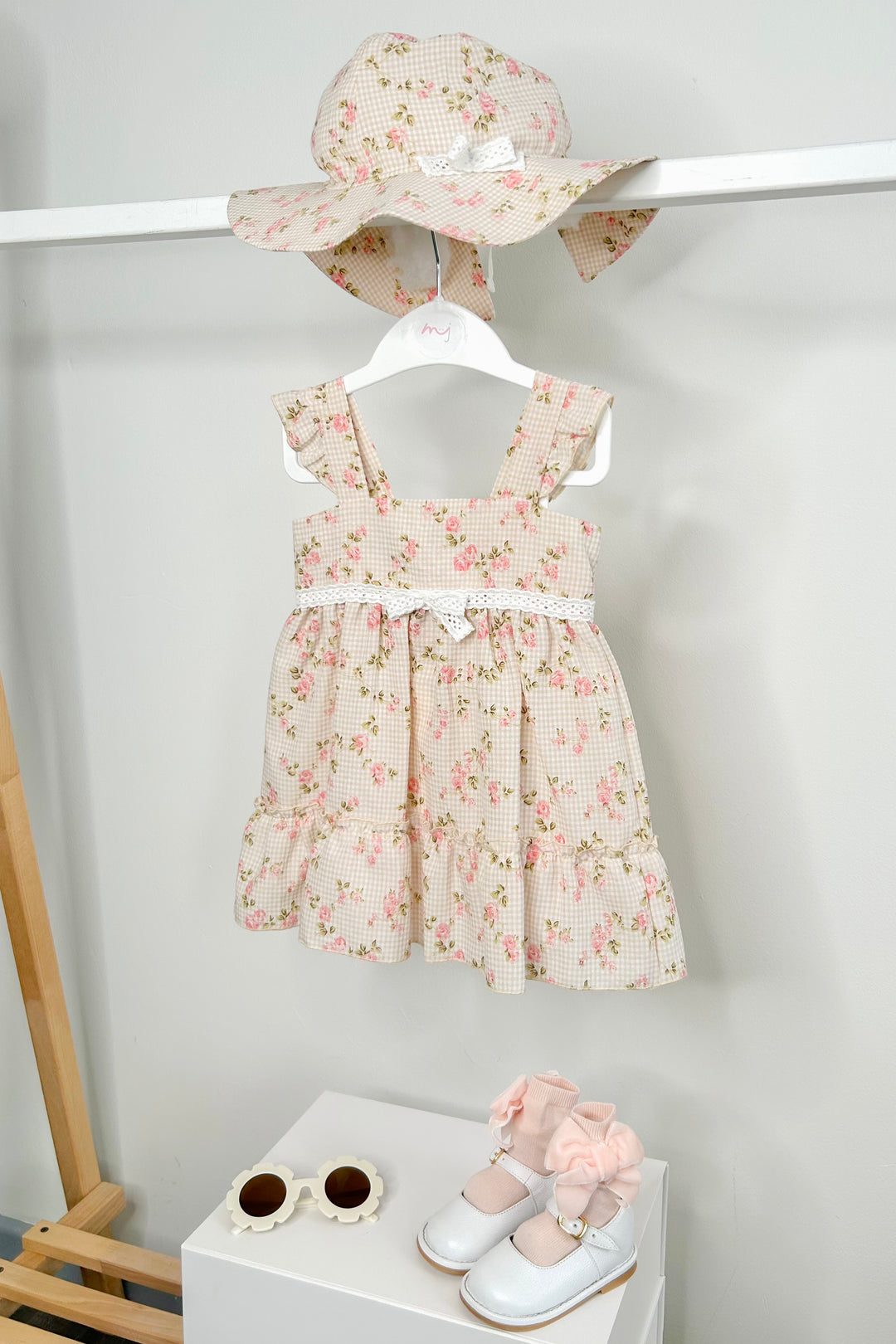 "Diana" Beige Gingham Floral Dress