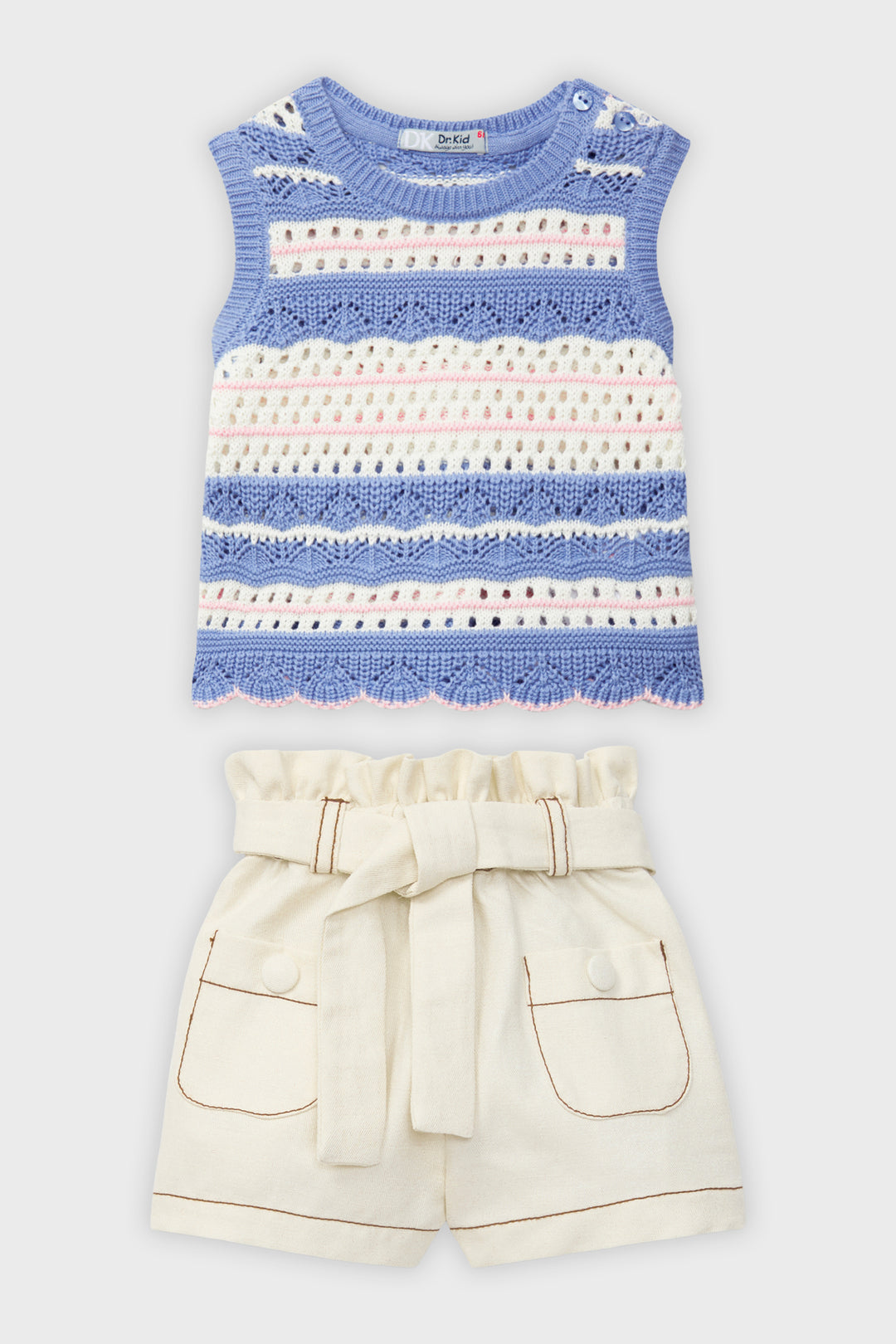 Sky Blue & Pink Striped Knit Top & Shorts