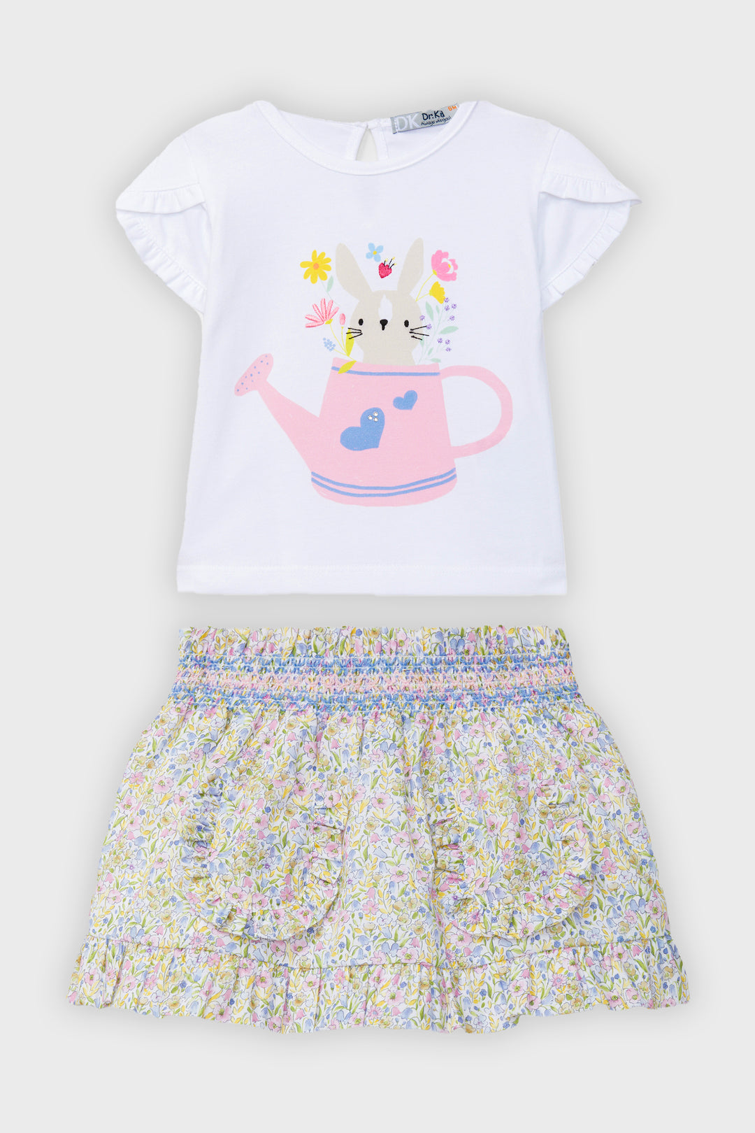 Pastel Floral Smocked Skirt & T-Shirt