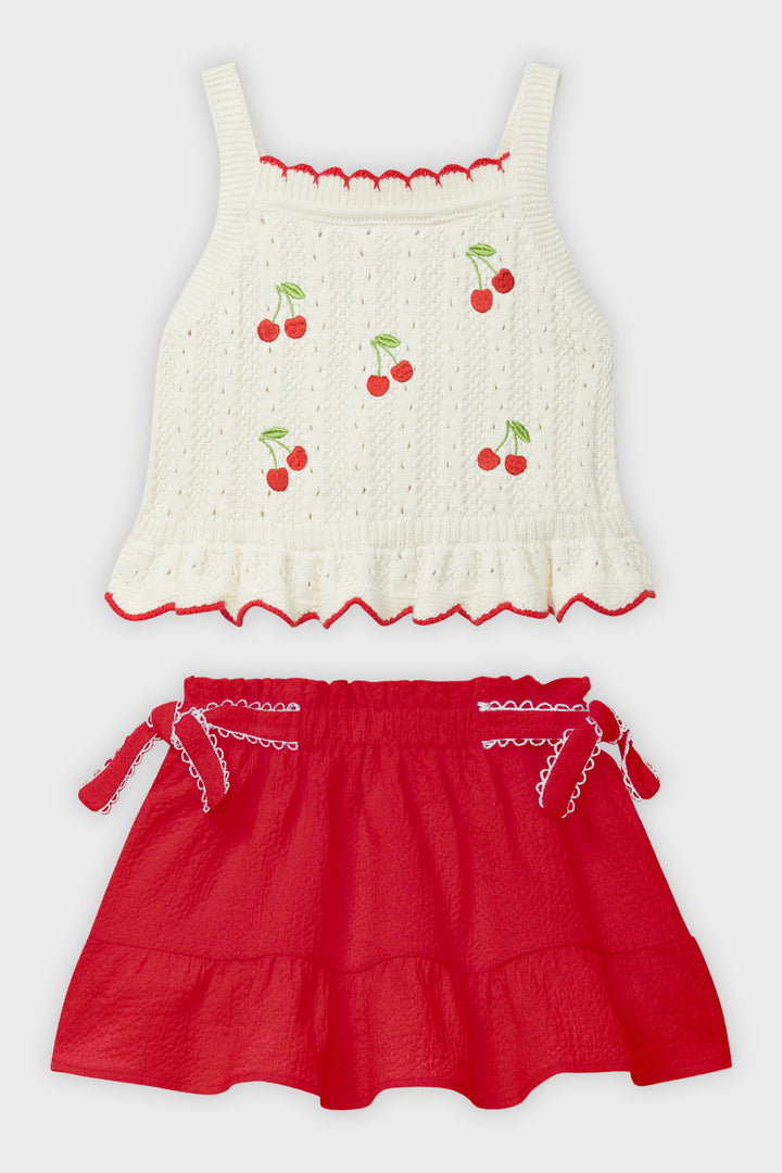 Cream & Red Knit Cherry Top & Skirt