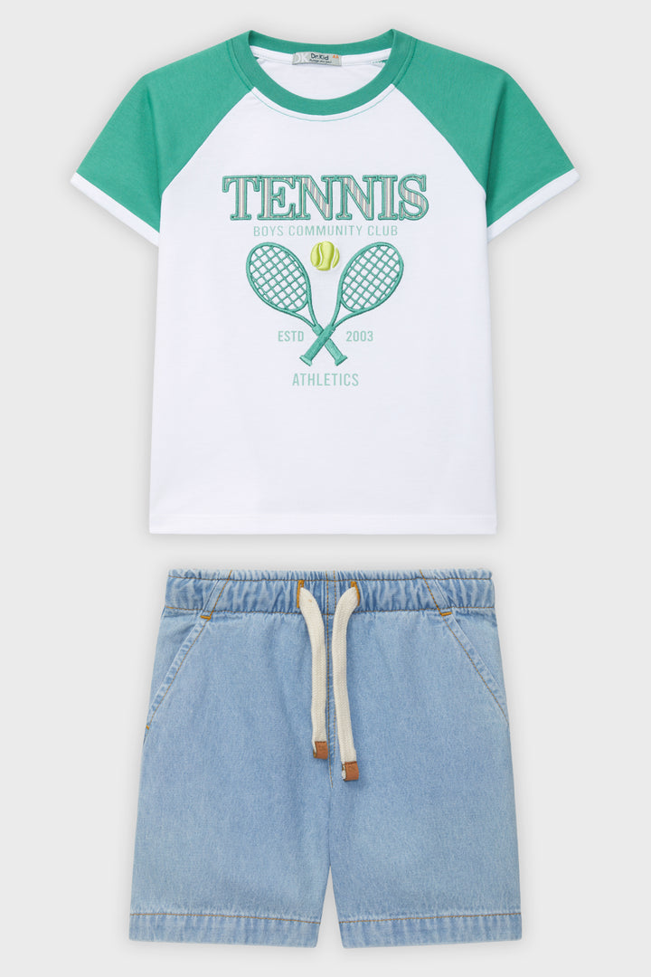 Green Raglan Tennis T-Shirt & Denim Shorts