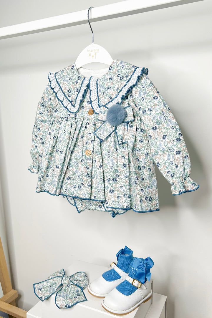 "Philippa" Dusky Blue Vintage Floral Dress & Bloomers