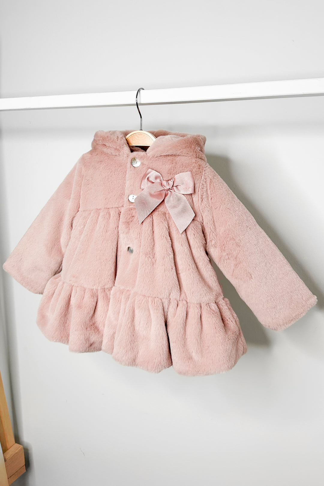 Dusky Pink Faux Fur Hooded Coat