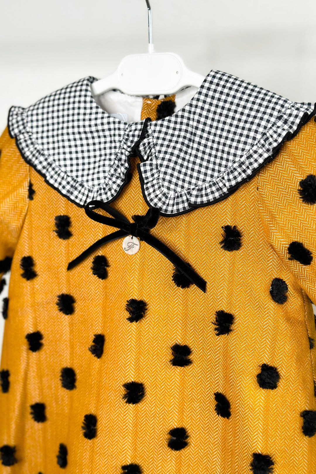 "Peggy" Mustard & Black Gingham Polka Dot Dress & Bloomers