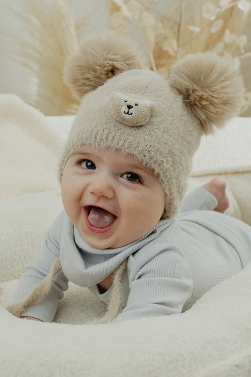 Fluffy Beige Cashmere Teddy Pom Pom Hat