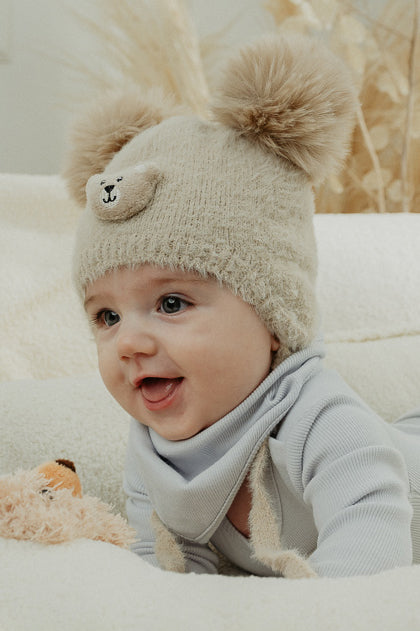 Fluffy Beige Cashmere Teddy Pom Pom Hat