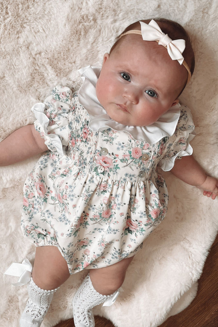 "Adelyn" Pale Lemon & Pink Vintage Floral Romper