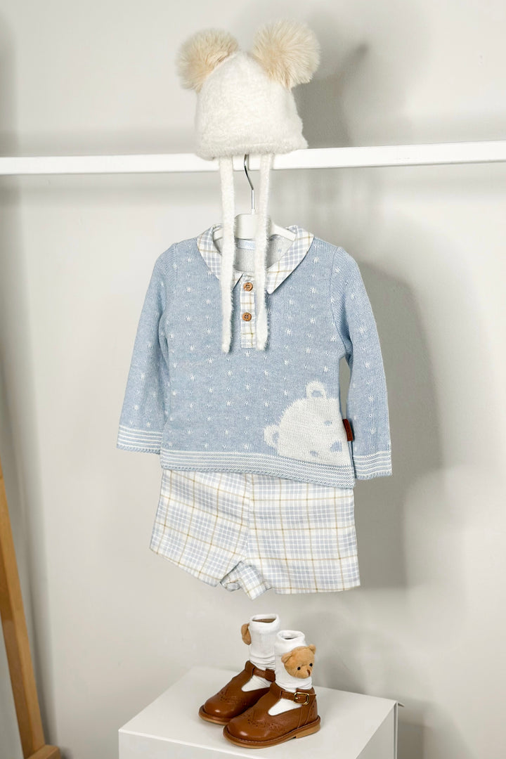 "Eddie" Sky Blue Knit Teddy Top & Tartan Shorts