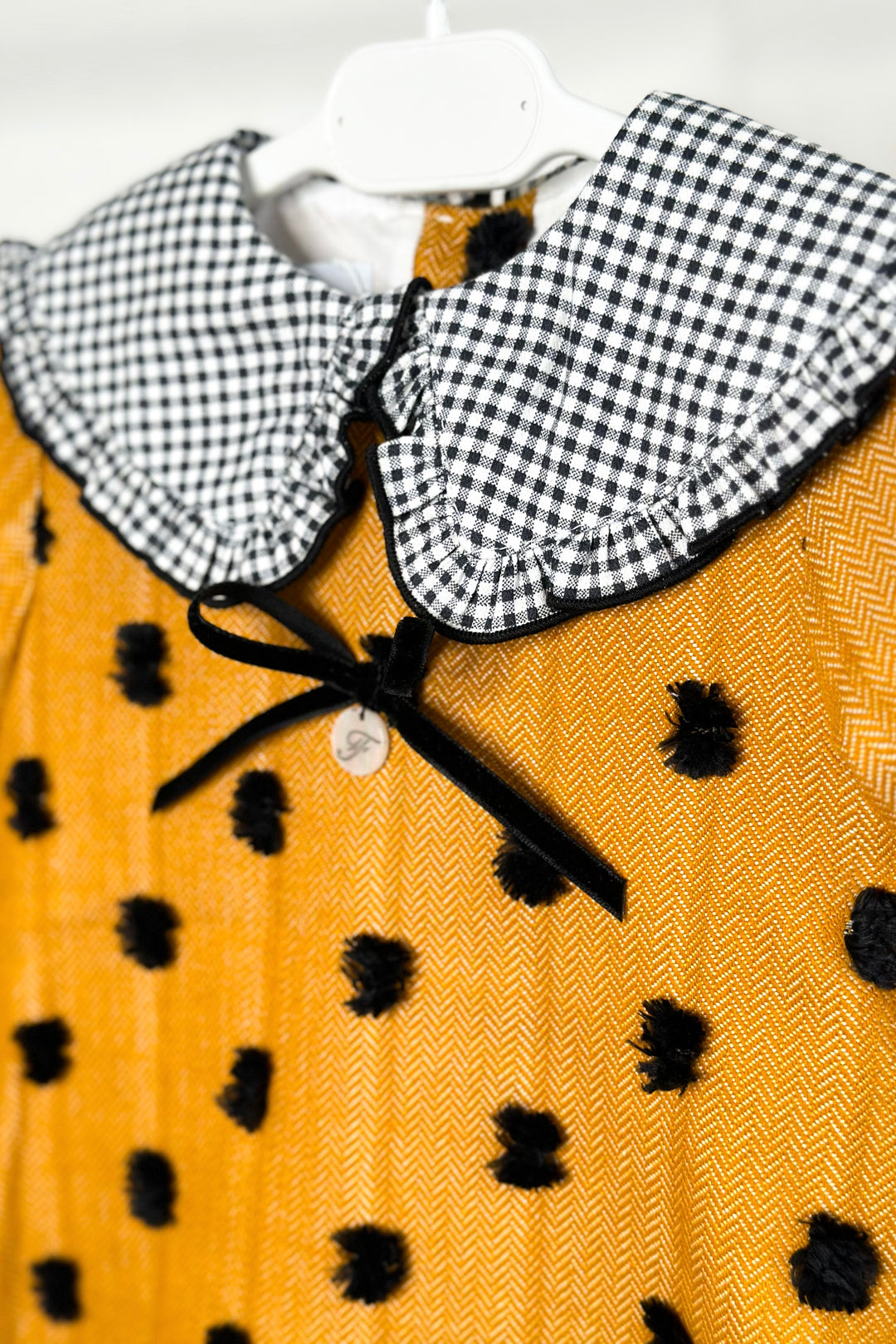 "Peggy" Mustard & Black Gingham Polka Dot Dress