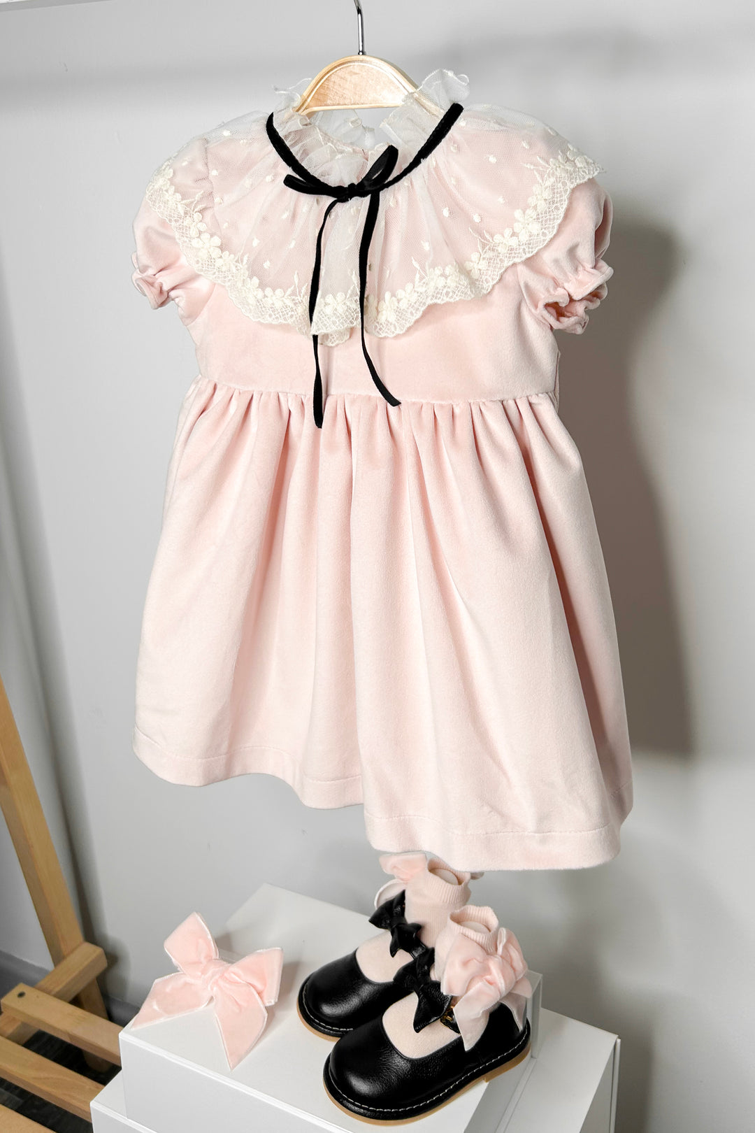 "Emmeline" Pink Velvet Lace Dress